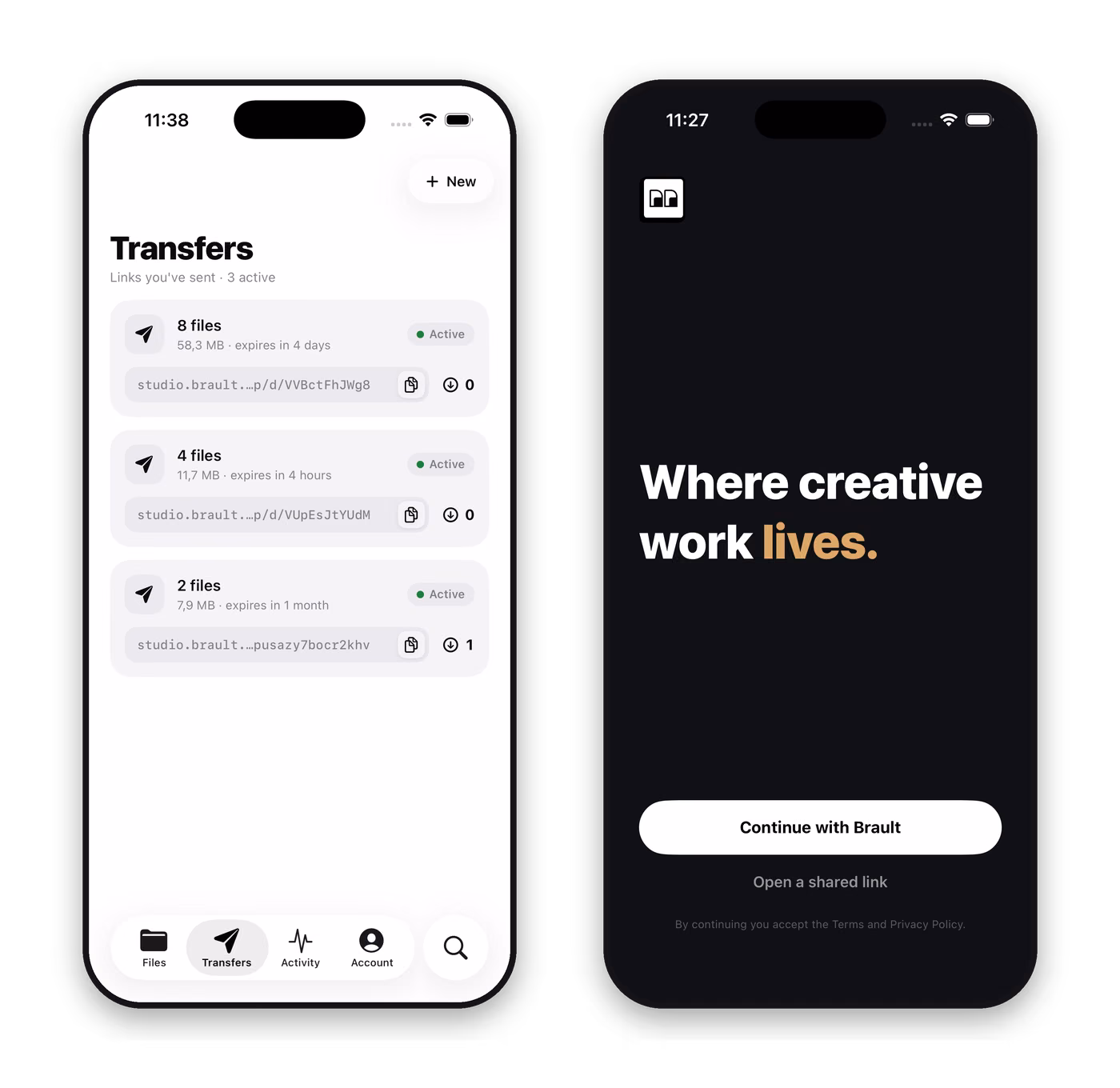 Brault for iPhone Transfers tab with active branded transfer links, next to the welcome screen with Open a shared link