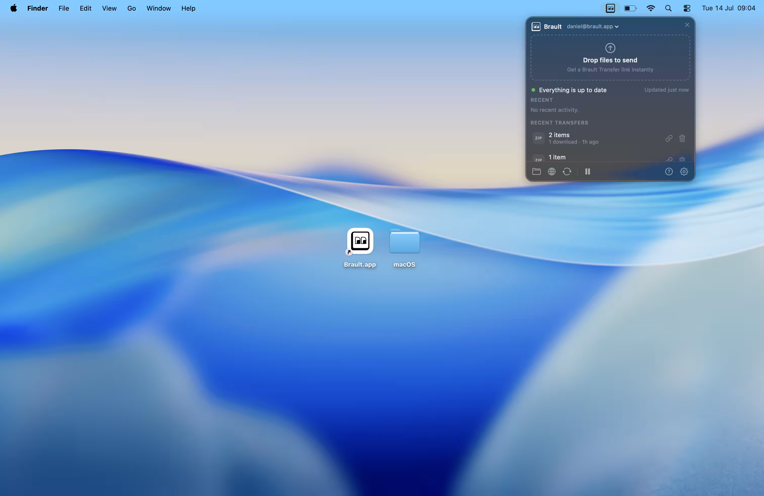 Brault Desktop for Mac showing synced files in the macOS Finder and the menu bar panel